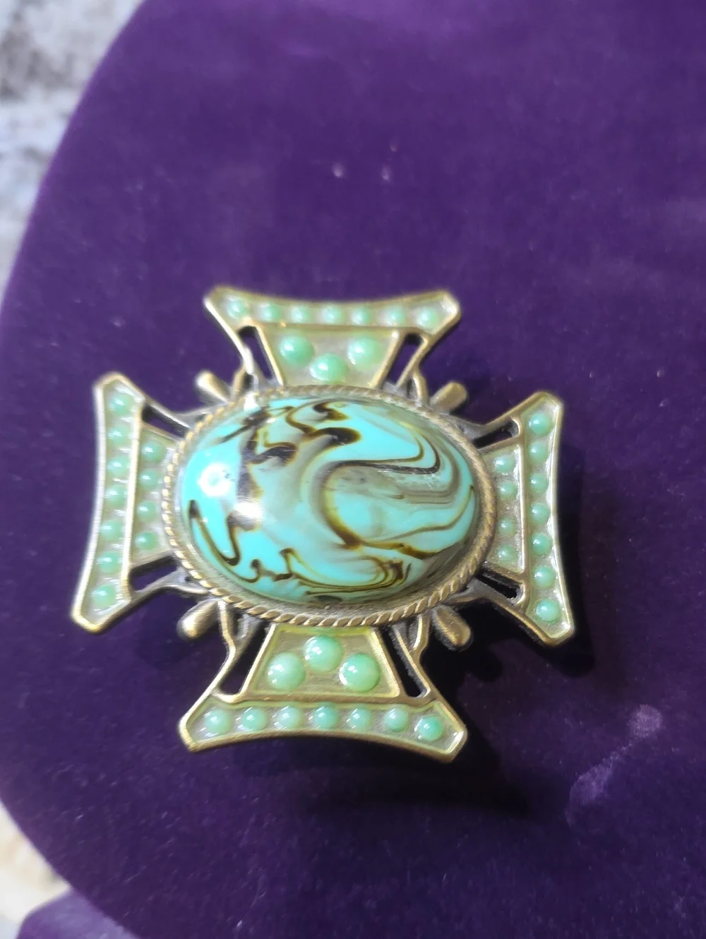 Vintage Brass Tone Dress Clip Turquoise Cabochon